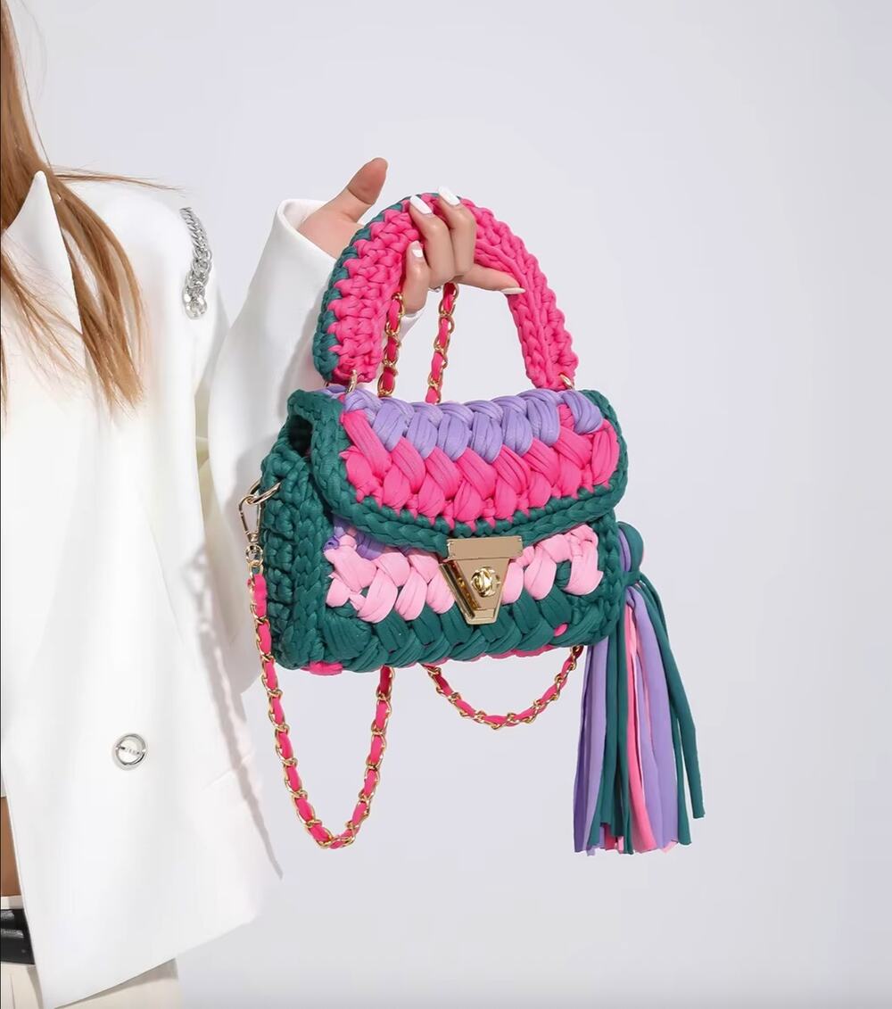 Rainbow Woven Crochet Top Handle Crossbody Bag with Removable Strap